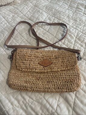 MZ Wallace Woven Crochet Straw Crossbody Bag in Camel